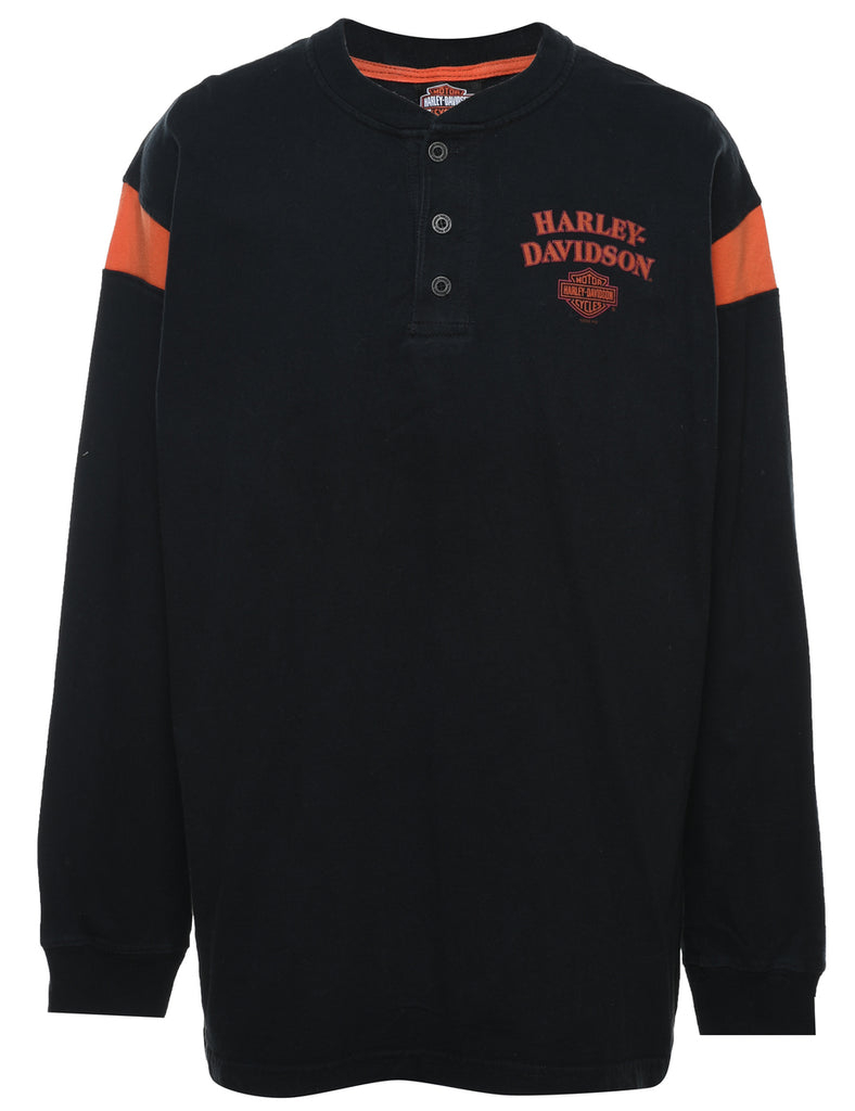 Harley Davidson Black & Orange Button Detail Printed T-shirt - L