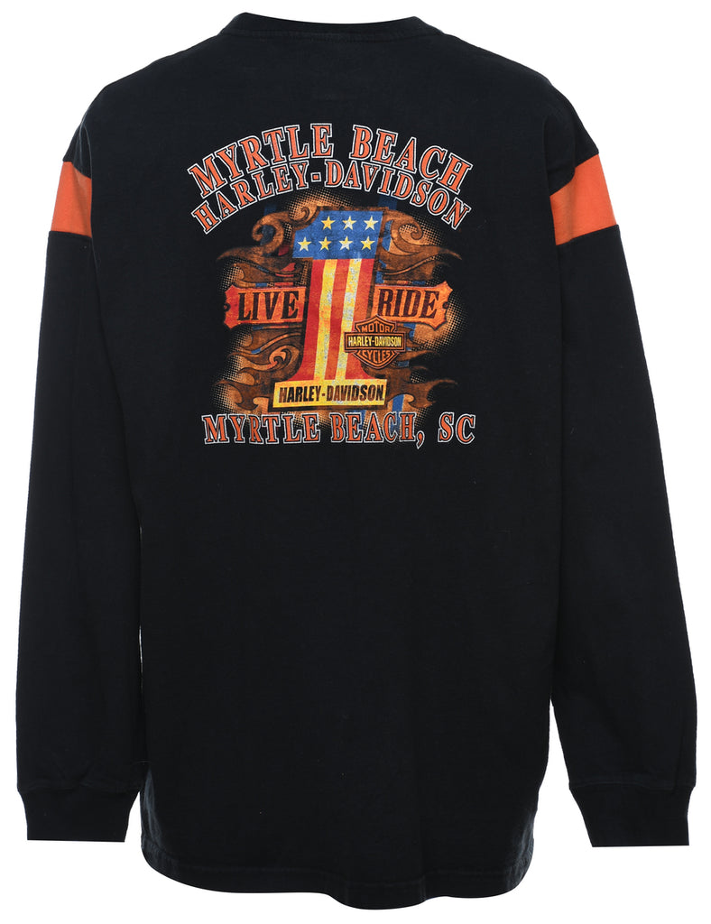 Harley Davidson Black & Orange Button Detail Printed T-shirt - L