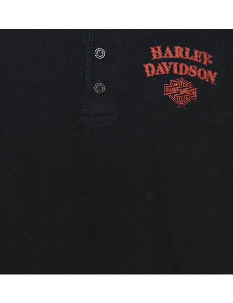 Harley Davidson Black & Orange Button Detail Printed T-shirt - L