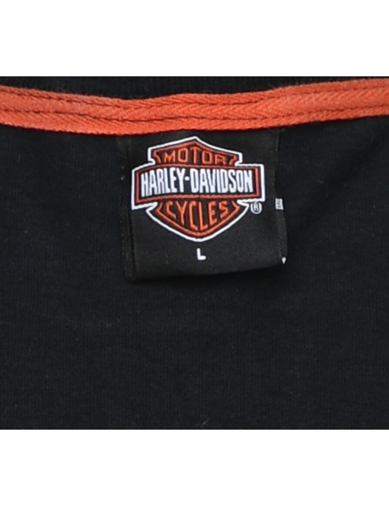Harley Davidson Black & Orange Button Detail Printed T-shirt - L