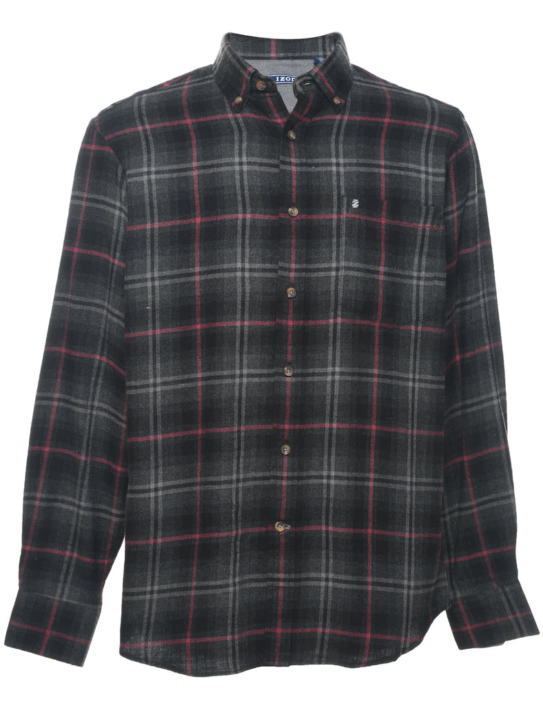 Izod Dark Grey & Red 1990s Flannel Shirt - S