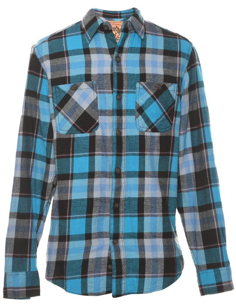 Long Sleeved Checked Blue & Black Flannel Shirt - S
