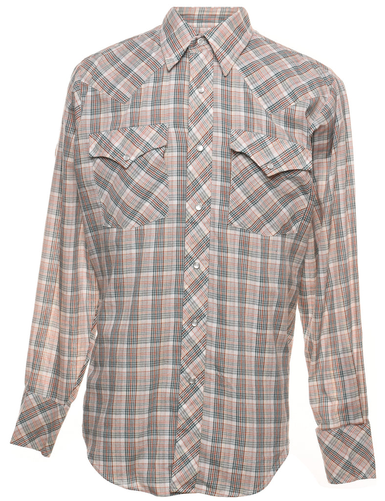Long Sleeved Light Brown & Grey Checked Western Shirt - M