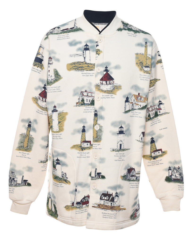 Novelty Print Button-Front Classic Sweatshirt - M
