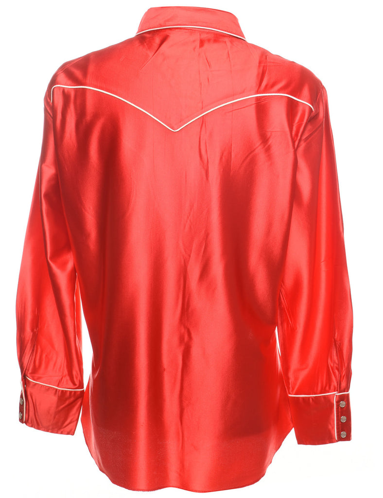 Red Shiny & Silky Embroidered Detail Western Shirt - L