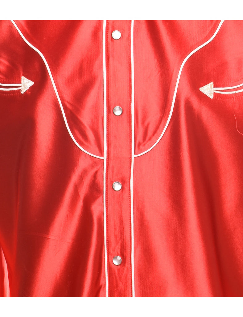 Red Shiny & Silky Embroidered Detail Western Shirt - L