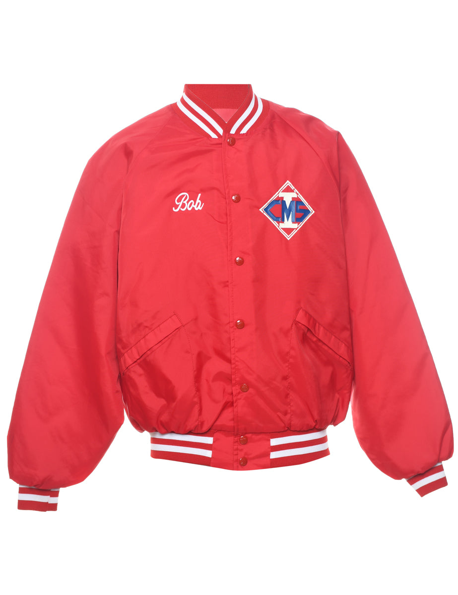 Men's Red White Embroidered Nylon Varsity Jacket Red, L Beyond