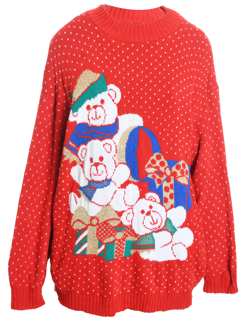 Teddy Bear Print Christmas Jumper - L
