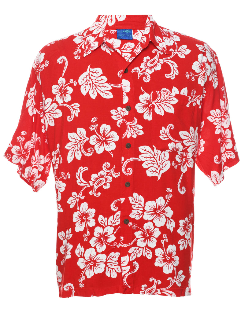 White Hibiscus Red Hawaiian Shirt - XL