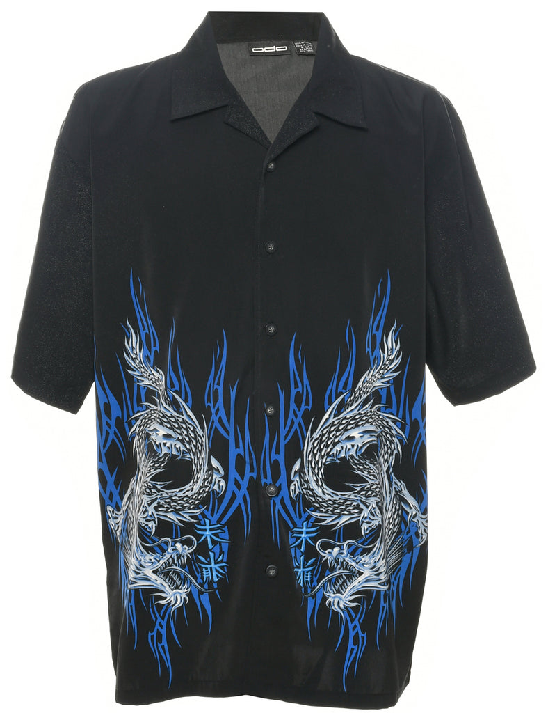 Y2K Dragon and Flame Print Black Shirt - XL