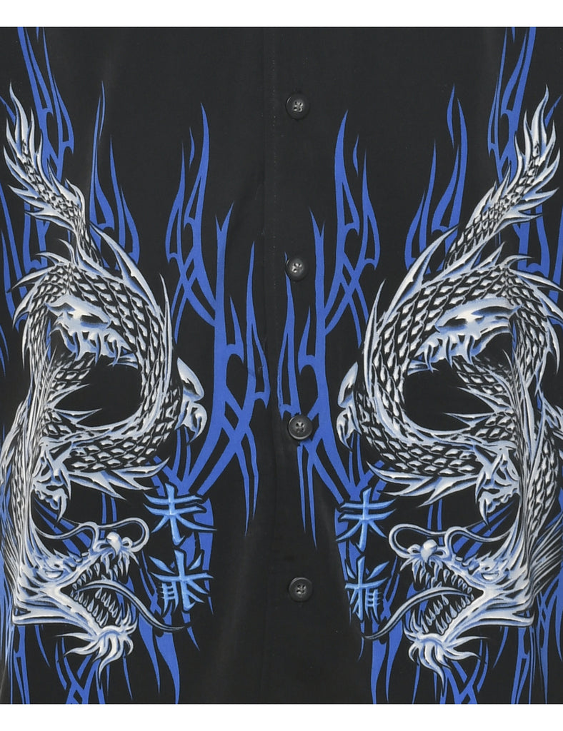 Y2K Dragon and Flame Print Black Shirt - XL