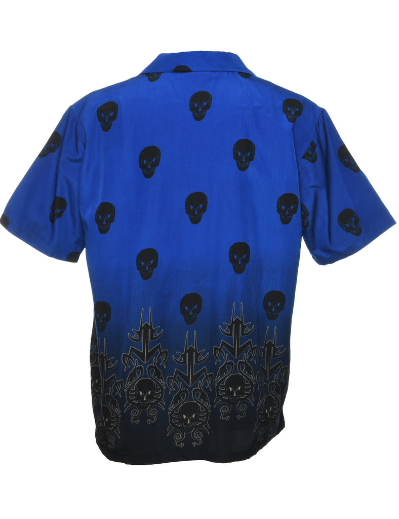Y2K Short Sleeve Blue & Black Skull Design 1990s Shirt - S