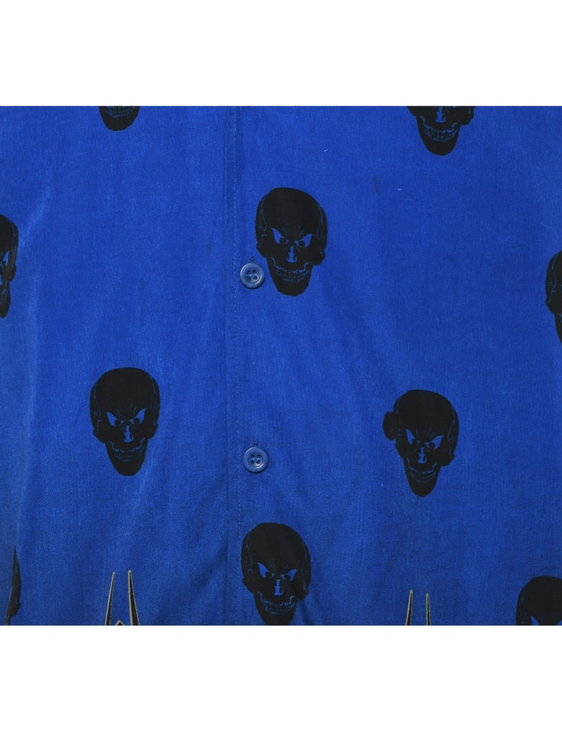Y2K Short Sleeve Blue & Black Skull Design 1990s Shirt - S
