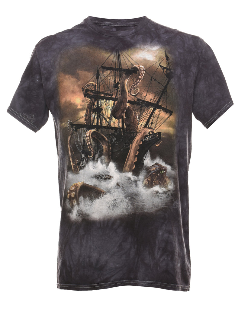 Aquarium Tie Dye Octopus & Ship Design T-Shirt - M