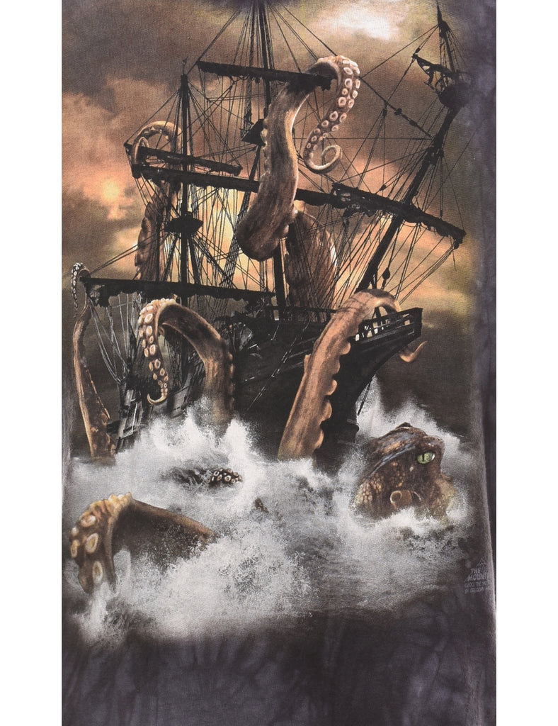 Aquarium Tie Dye Octopus & Ship Design T-Shirt - M