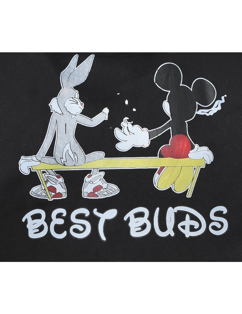 Black Best Buds Mickey & Bugs Bunny Hooded Cartoon Sweatshirt - L