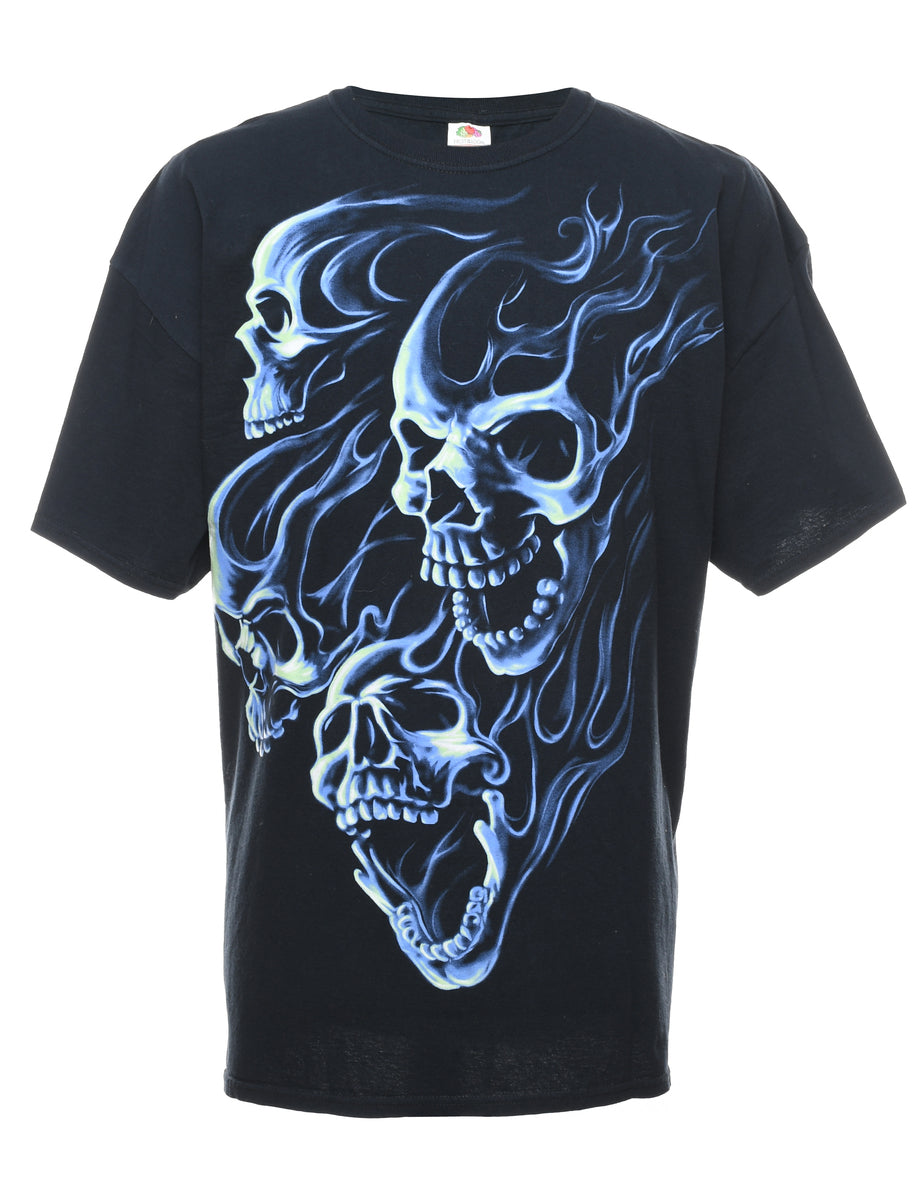 Black Blue Y2K Skull Print T shirt XXL