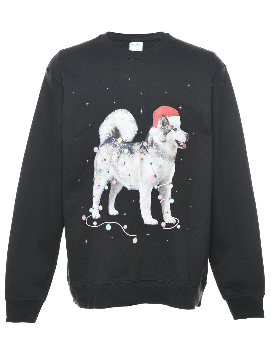 Unisex Black Dog Print Christmas Sweatshirt Black L Beyond Retro