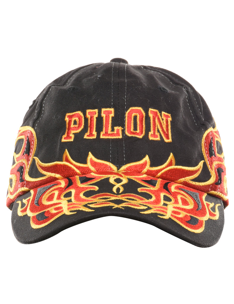 Black Embroided Y2K Flame Cap - XS