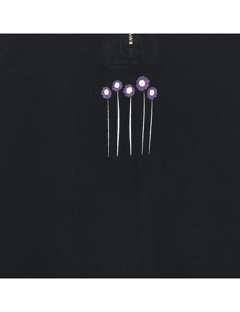 Black Floral Embroidered Sweatshirt  - XL