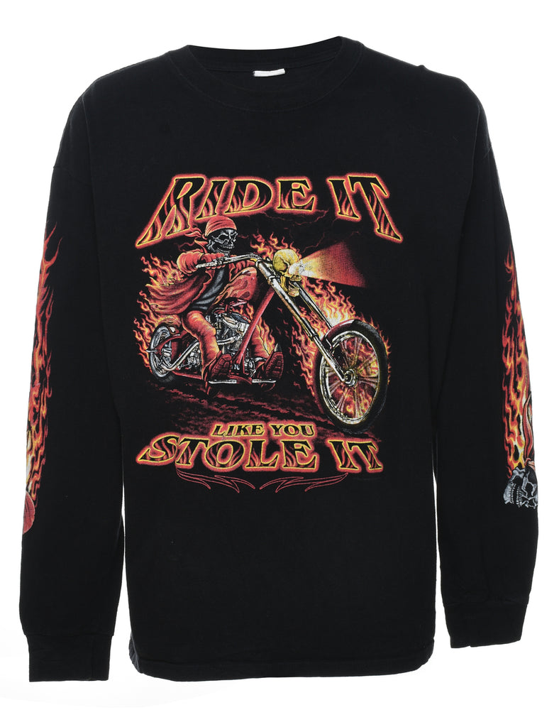 Black Graphic Flaming Bike Design Printed T-shirt - XL