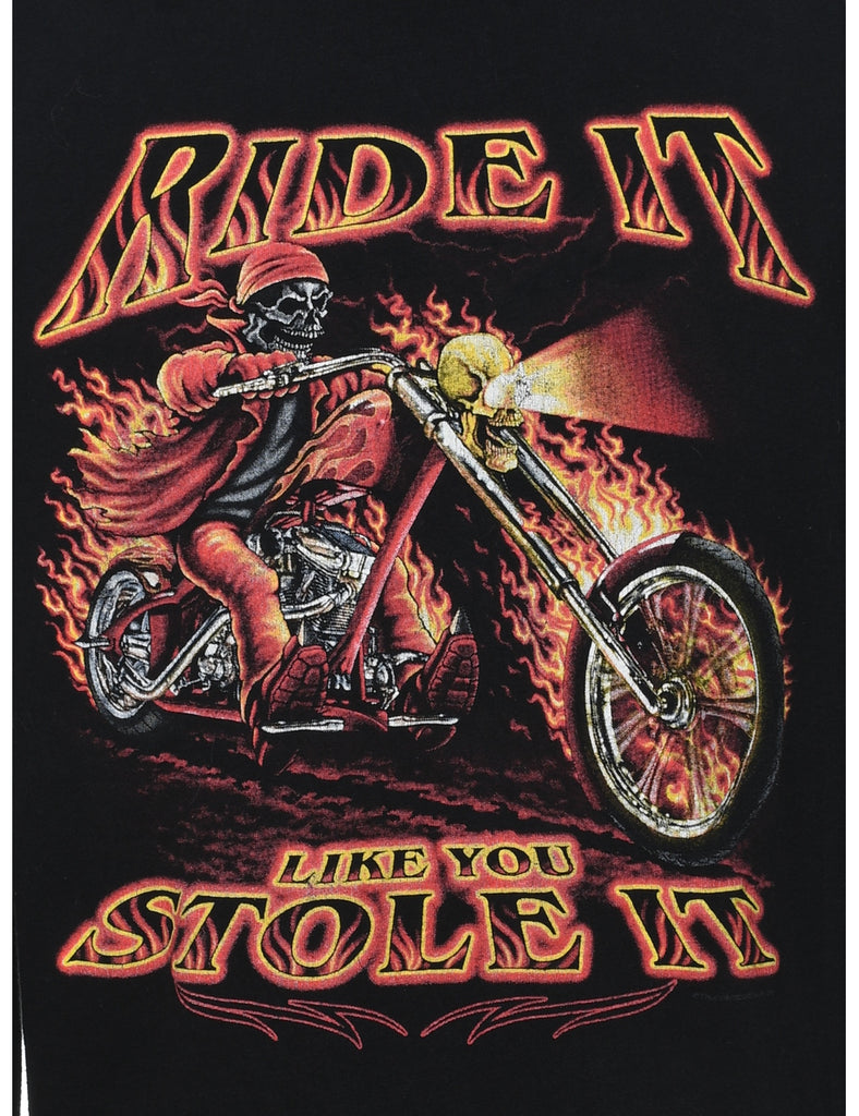 Black Graphic Flaming Bike Design Printed T-shirt - XL