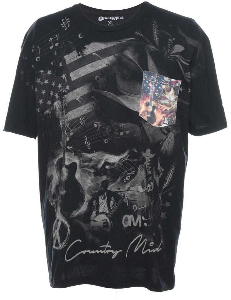 Black & Grey Country Music Design Printed T-Shirt - XL
