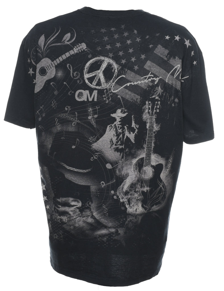 Black & Grey Country Music Design Printed T-Shirt - XL