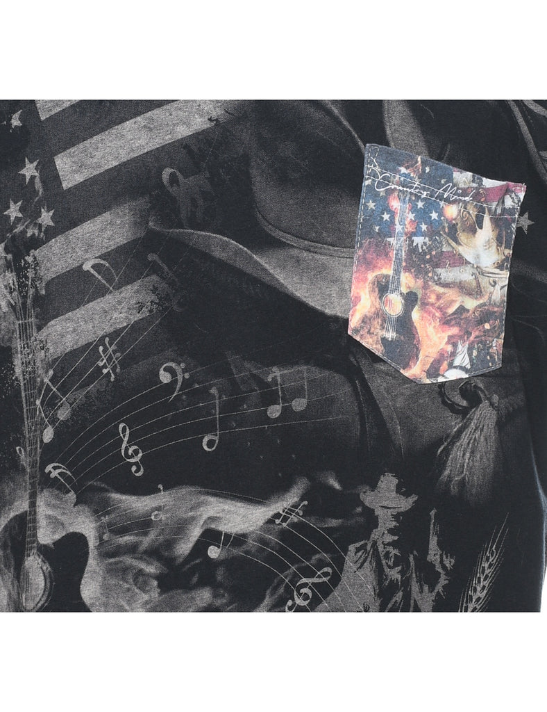 Black & Grey Country Music Design Printed T-Shirt - XL