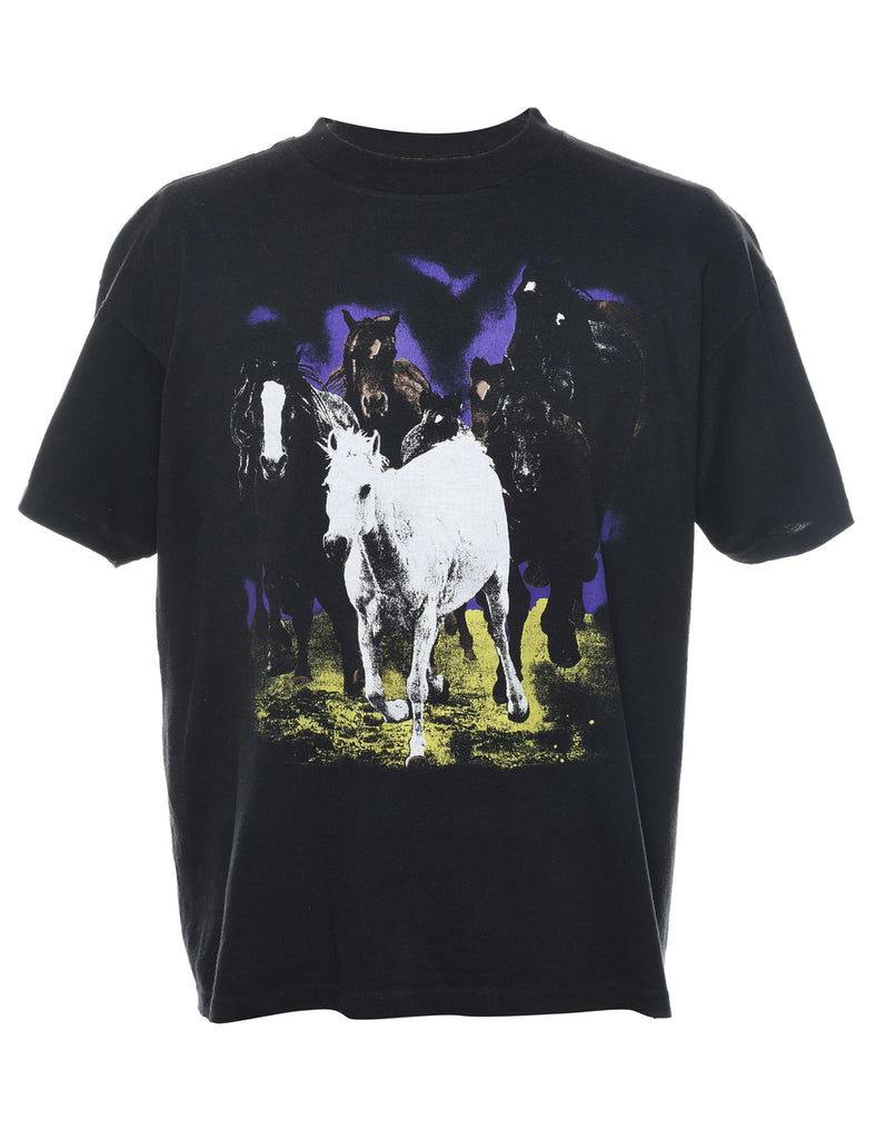 Black Printed Horse Design T-Shirt - XL
