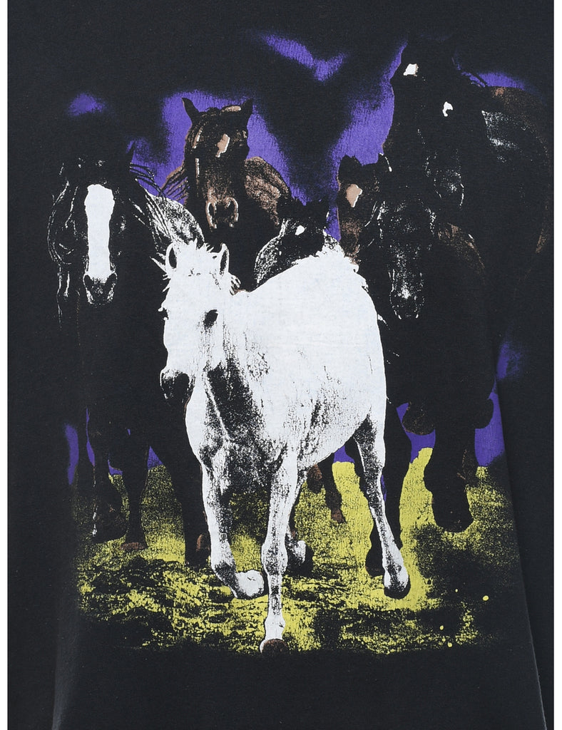 Black Printed Horse Design T-Shirt - XL