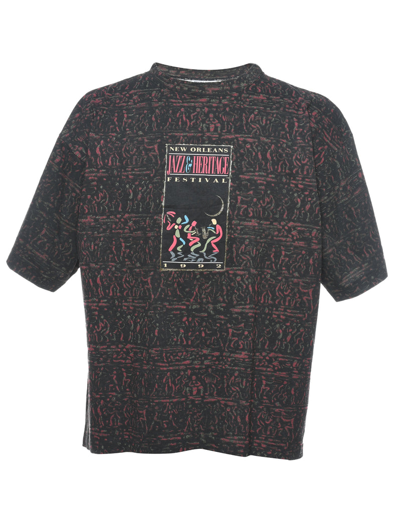 Black Printed Jazz Festival Design Printed T-shirt - XL