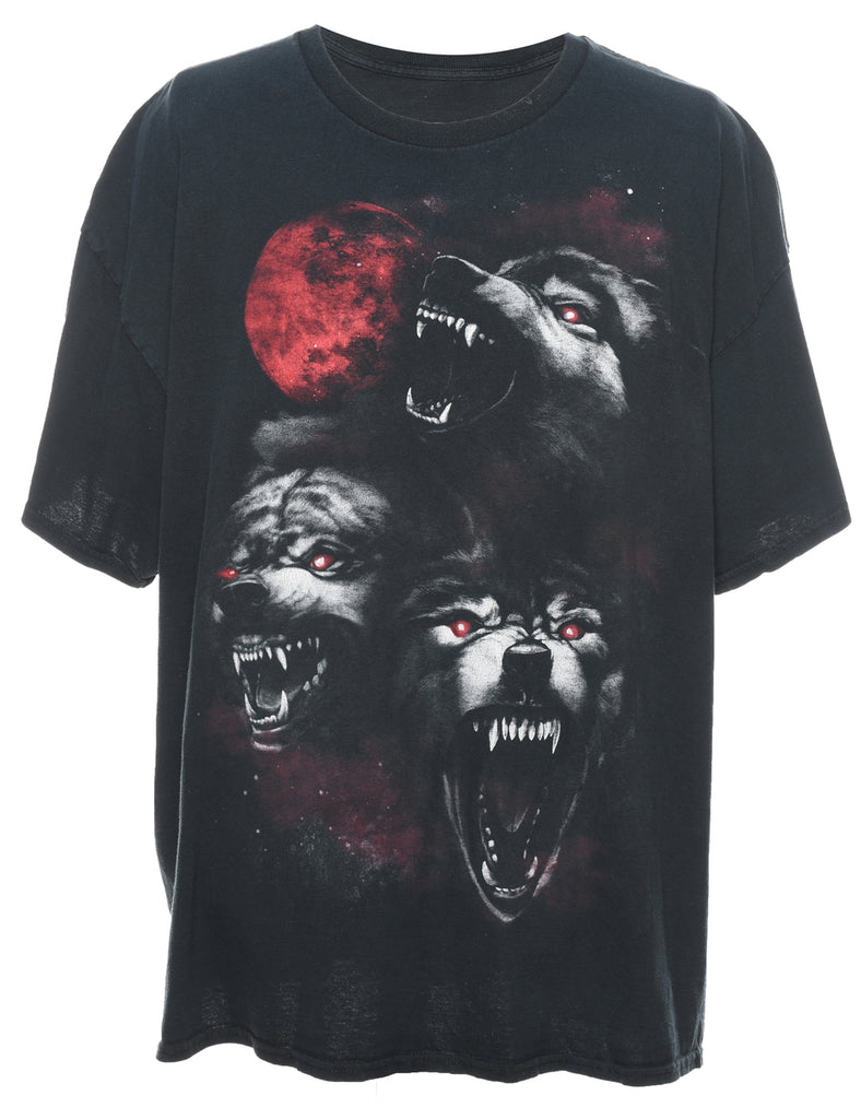Black Wolf Design Printed T-shirt - XL