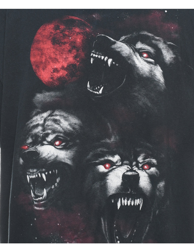 Black Wolf Design Printed T-shirt - XL