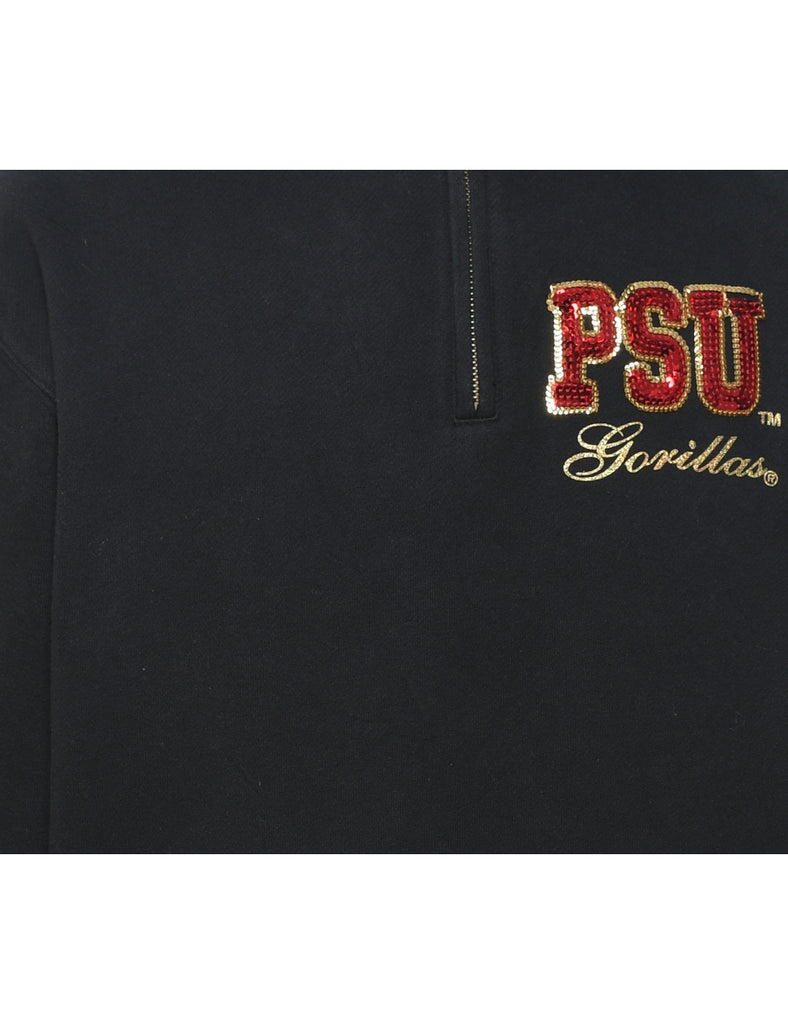 Black Zip-Front Sequin Applique Sweatshirt - L