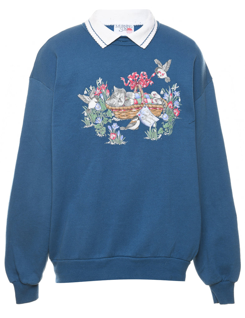 Blue Floral 1990s Sweatshirt - L