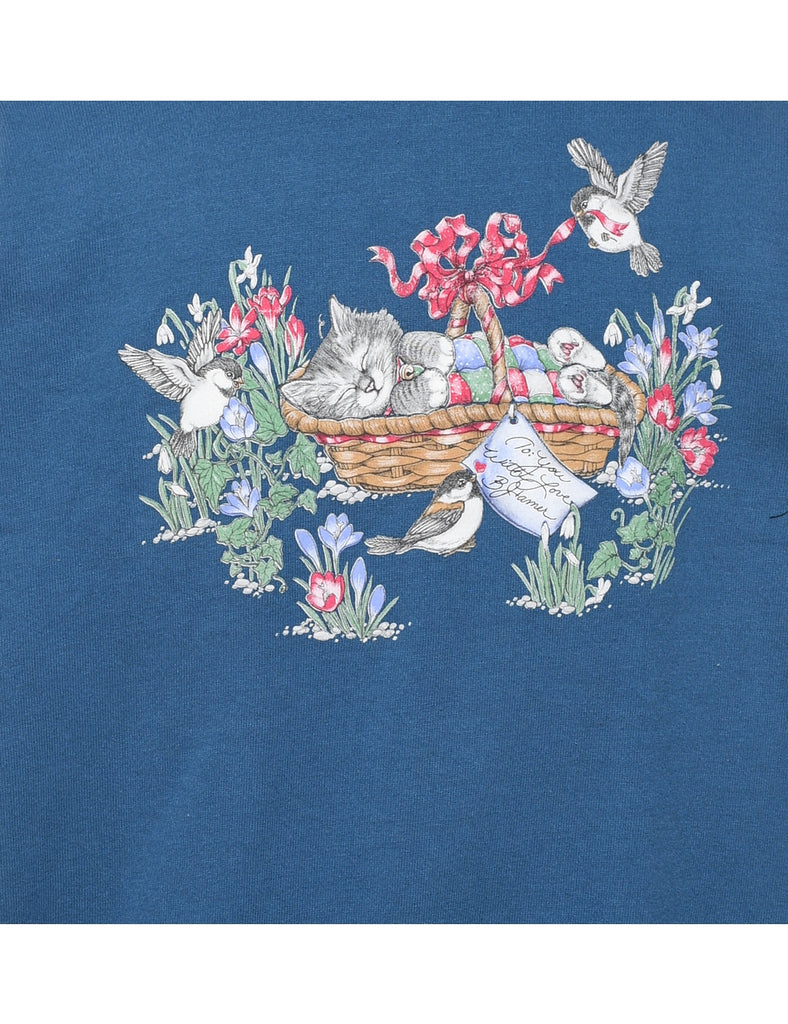Blue Floral 1990s Sweatshirt - L