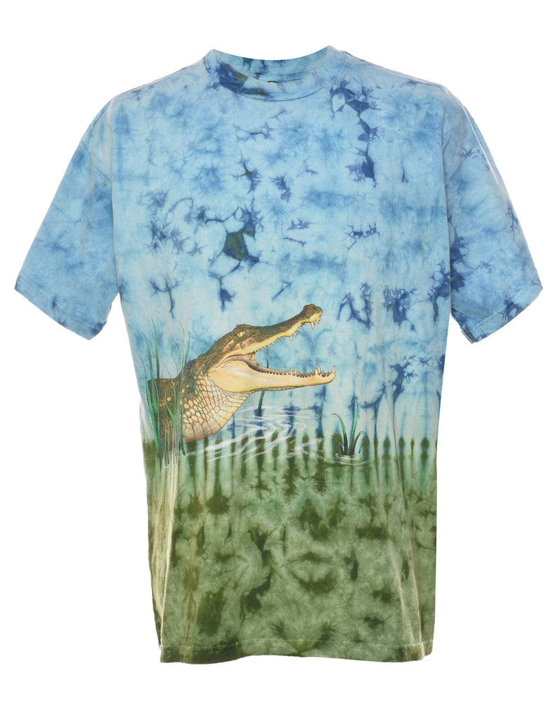 Blue & Green Crocodile Design Tie Dye T-shirt - L