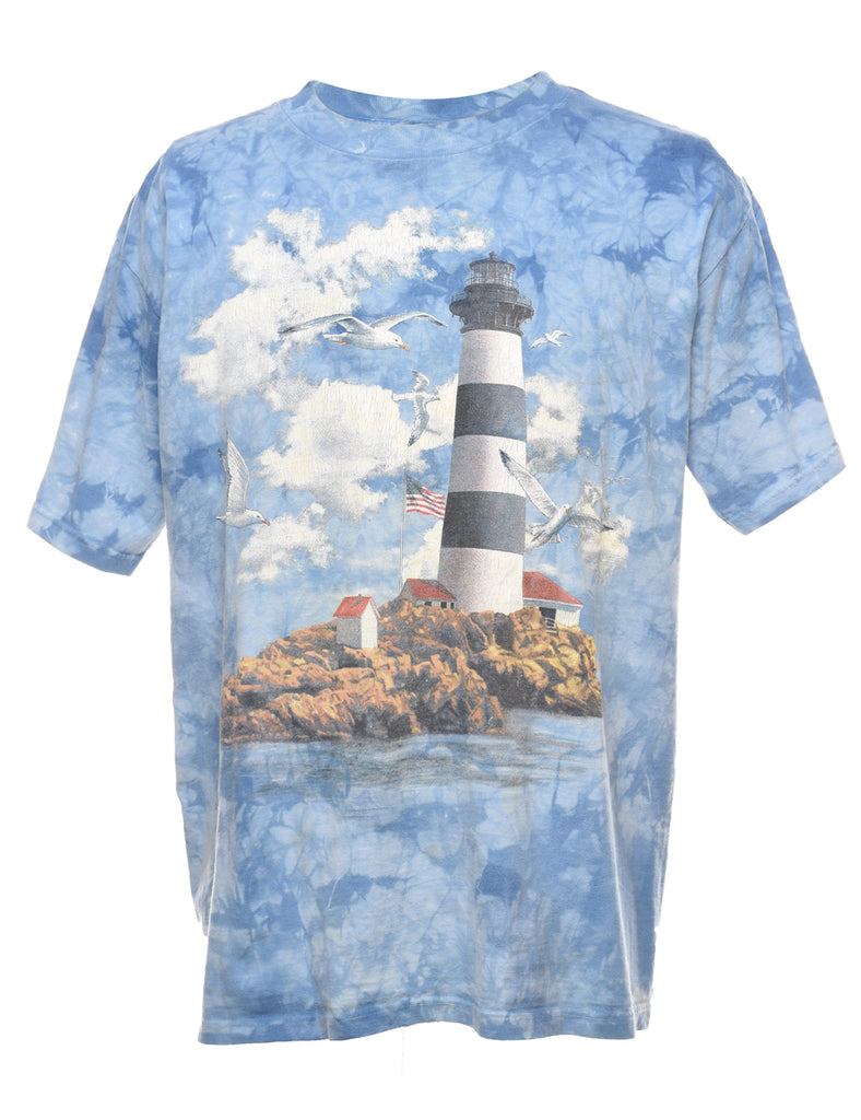 Blue Tie Dye Lighthouse Design T-Shirt - L