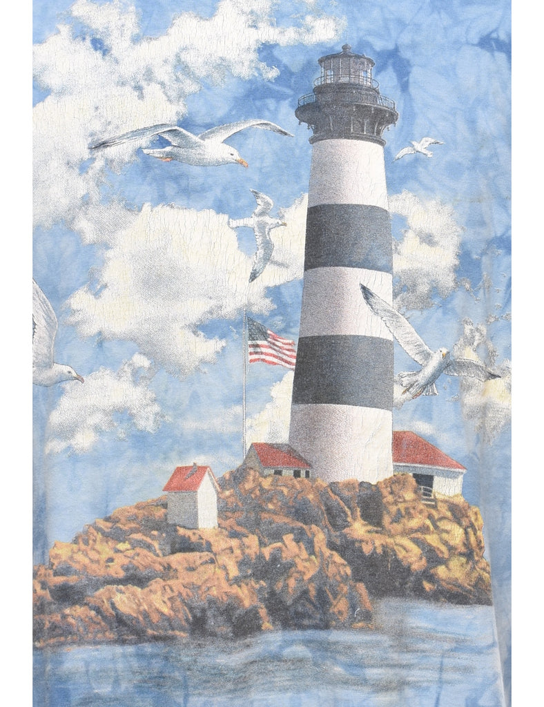 Blue Tie Dye Lighthouse Design T-Shirt - L