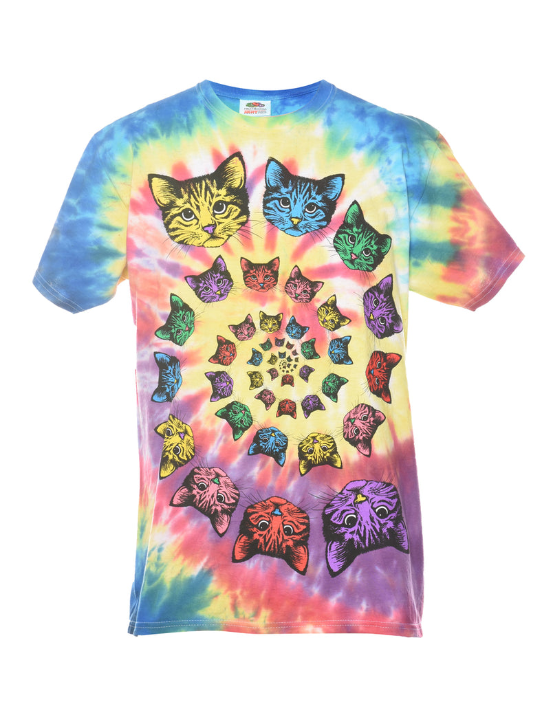 Cat Design Multi-Colour Tie Dye Animal T-shirt - M