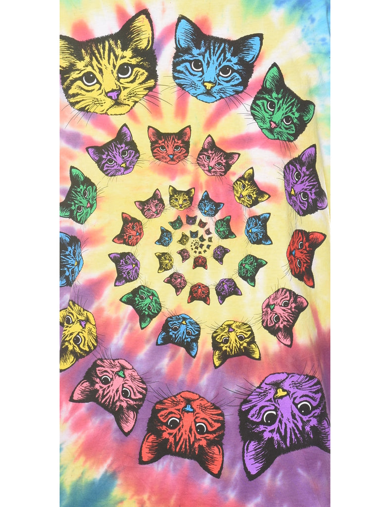 Cat Design Multi-Colour Tie Dye Animal T-shirt - M