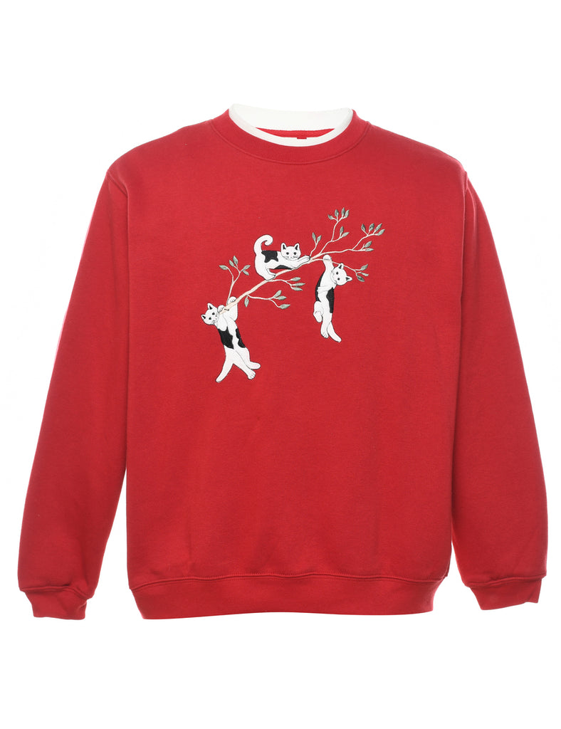 Cat Design Red Sweatshirt - L
