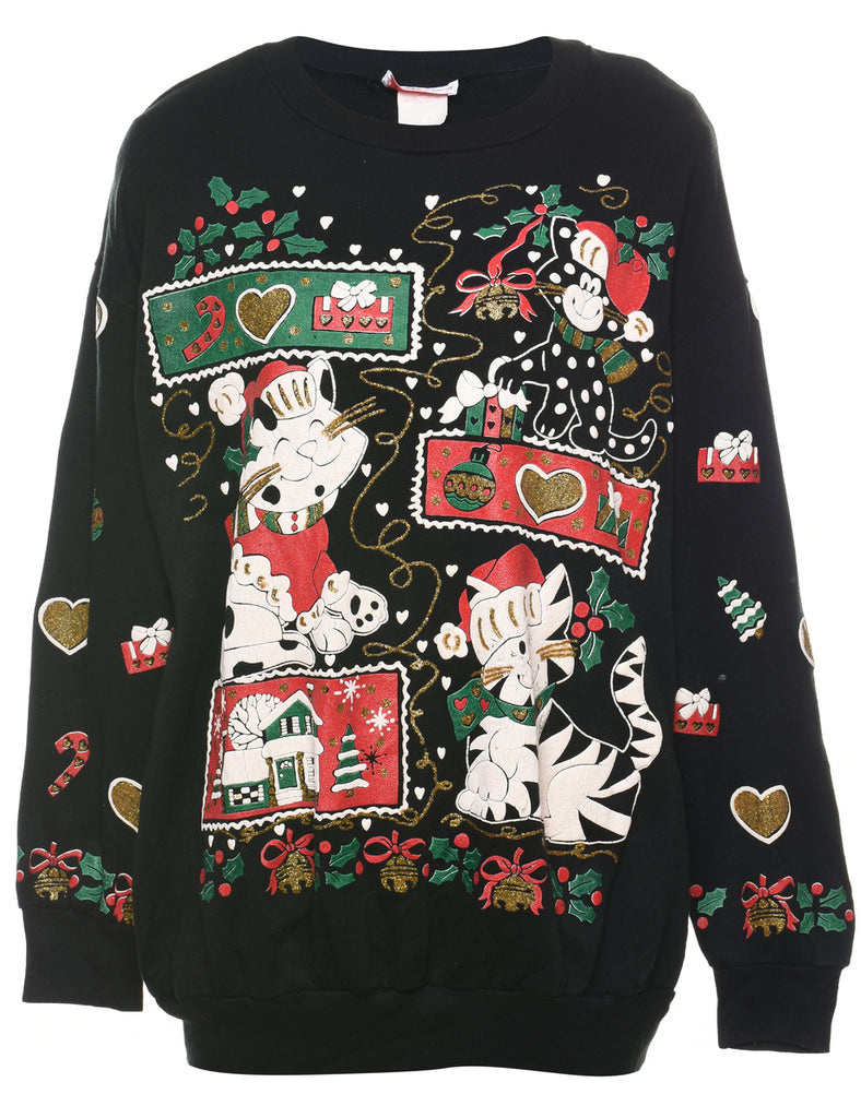 Cat Printed Christmas Sweatshirt - L