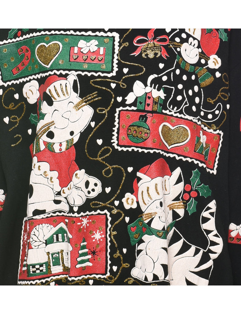 Cat Printed Christmas Sweatshirt - L