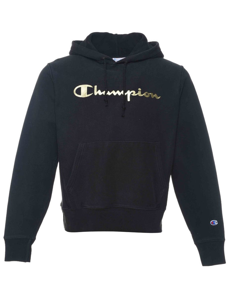 Champion Reverse Weave Black & Gold Printed Hoodie - S