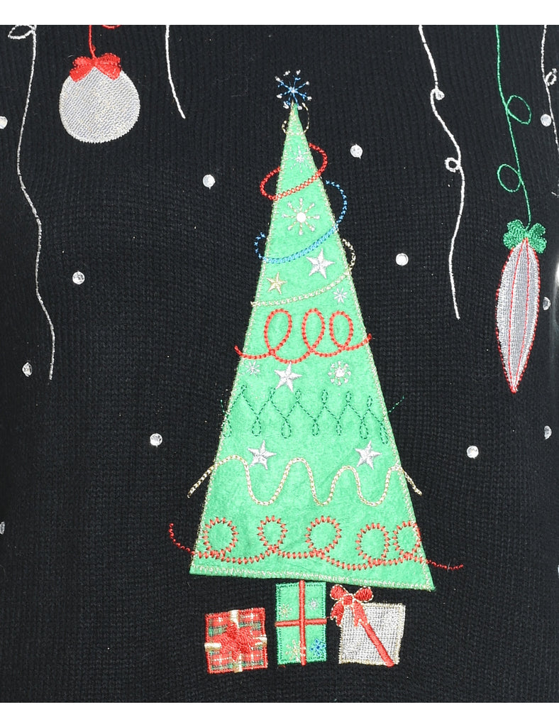 Christmas Tree Design Black Appliqued Jumper - S