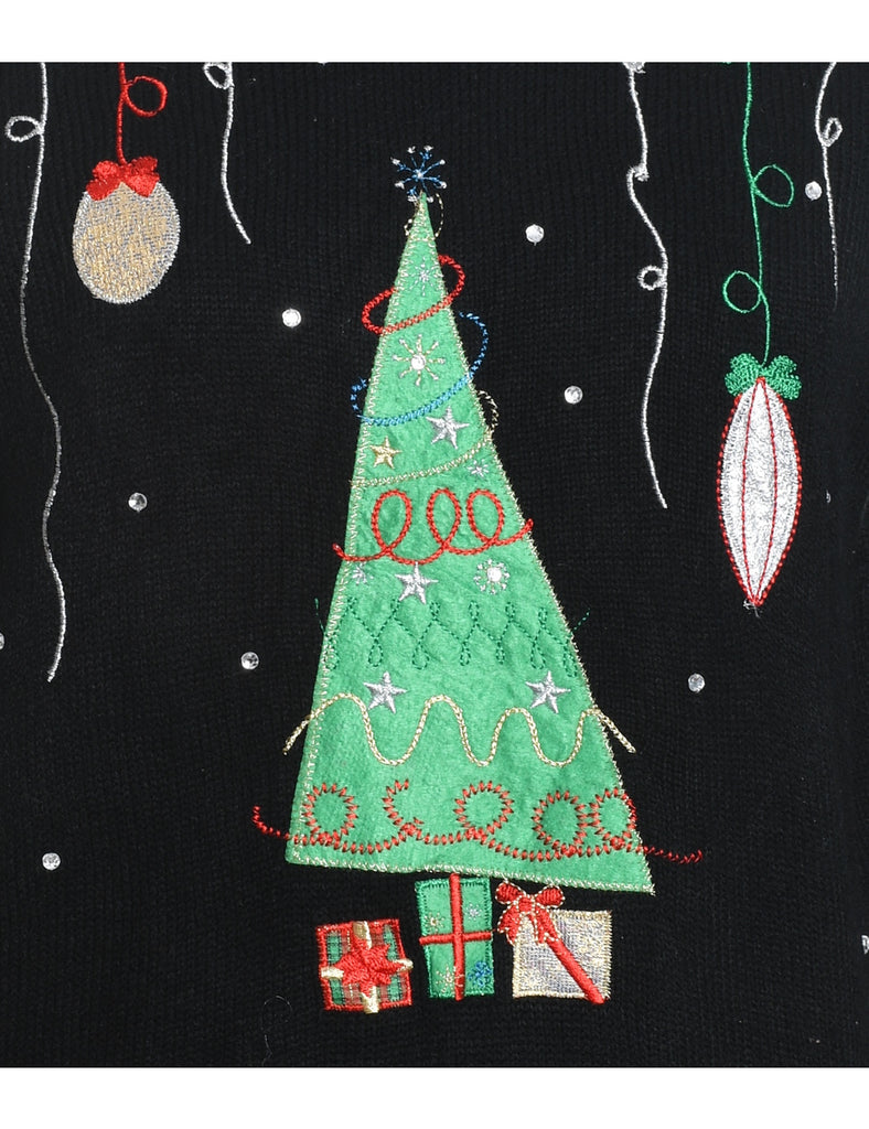 Christmas Tree Design Black Embroidered Jumper - L