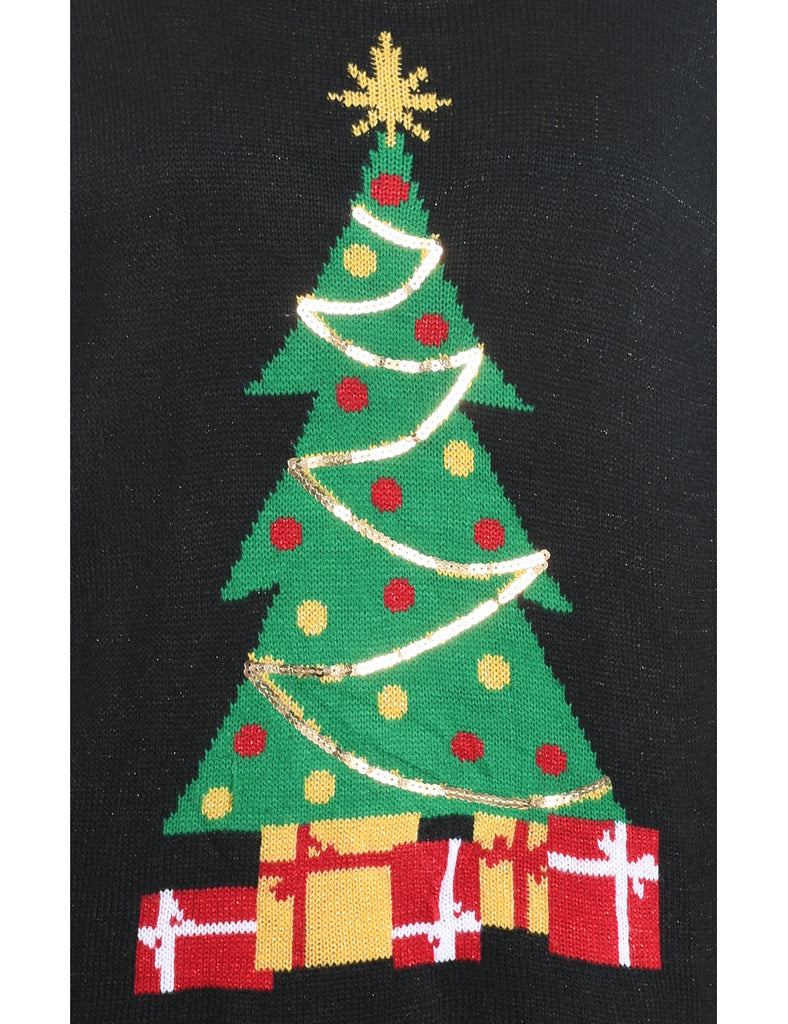 Christmas Tree Design Black Knit Jumper - XL