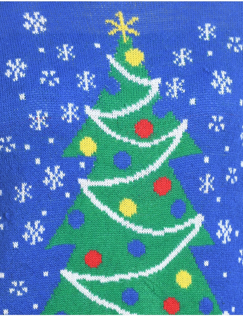 Christmas Tree Design Blue Knit Jumper - M